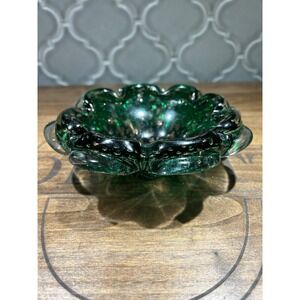 Murano Green Floral Ash Tray Hand Blown Glass With Bubbles